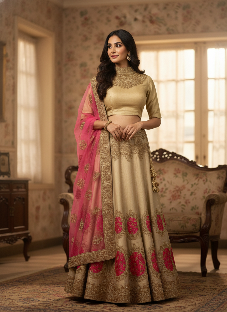 Gold & Pink Designer Lehenga with Zari Embroidery (Semi-Stitched) - Heritage Collection