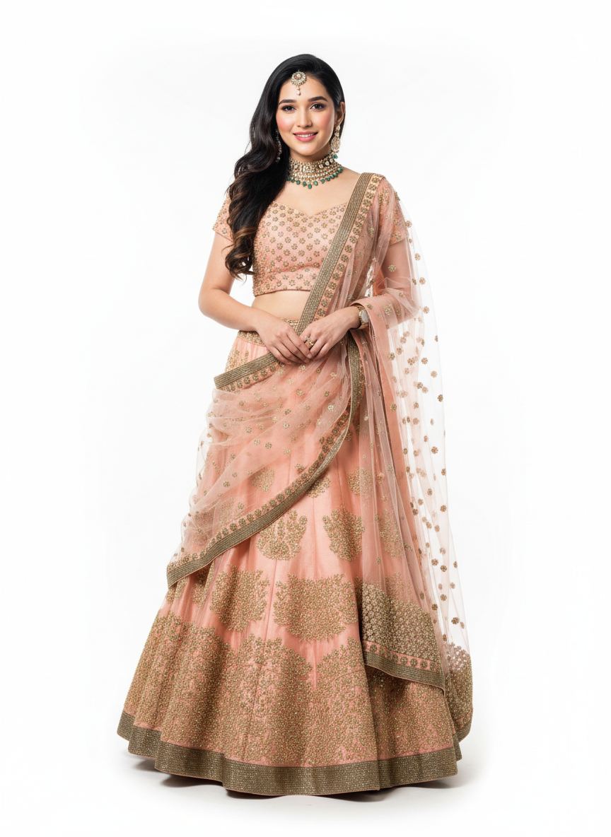 Peach Raw Silk Lehenga - Sunehri Gulnaar Collection