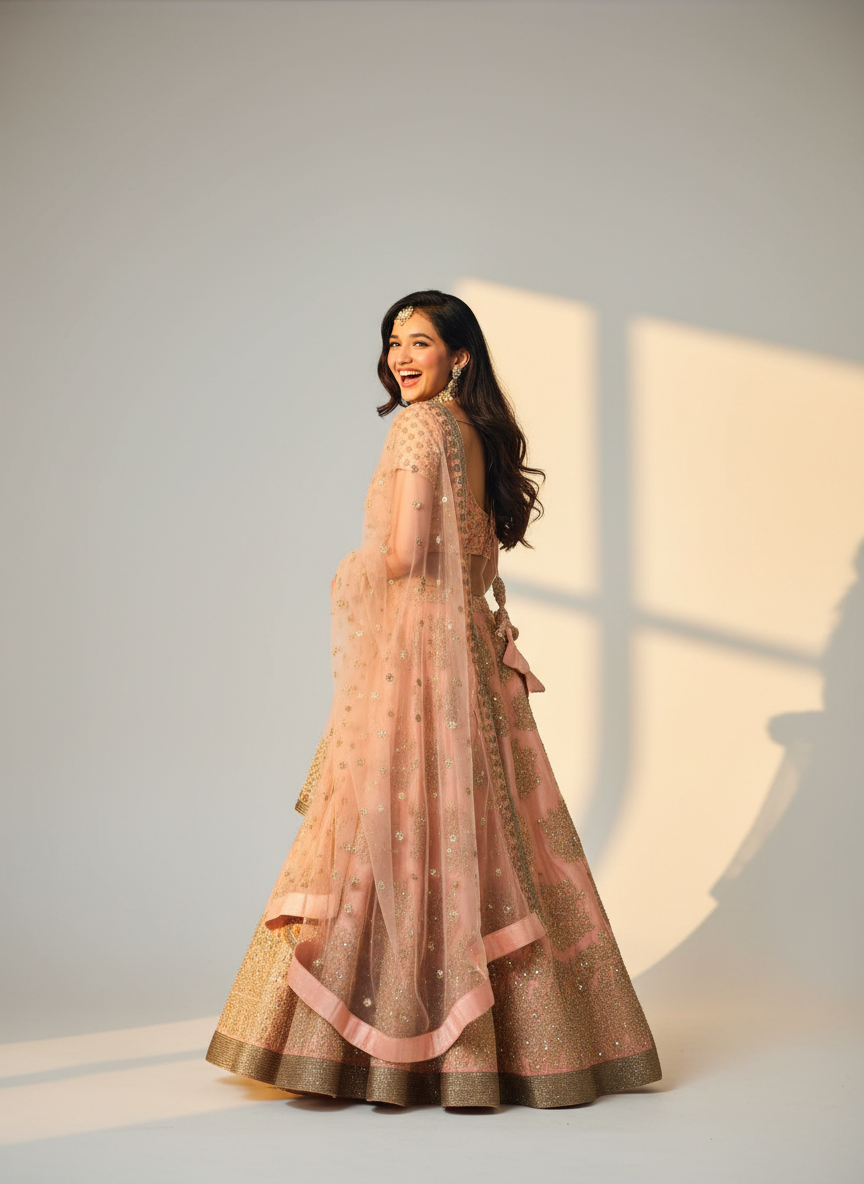 Peach Raw Silk Lehenga - Sunehri Gulnaar Collection