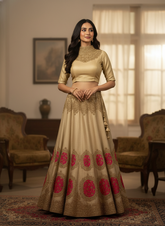 Gold & Pink Designer Lehenga with Zari Embroidery (Semi-Stitched) - Heritage Collection