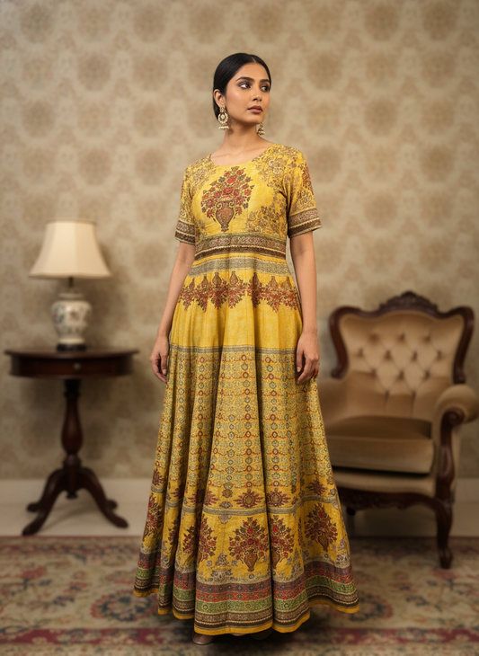 Mustard Yellow Printed Designer Anarkali with Pink Dupatta - Sunehri Gulbahaar