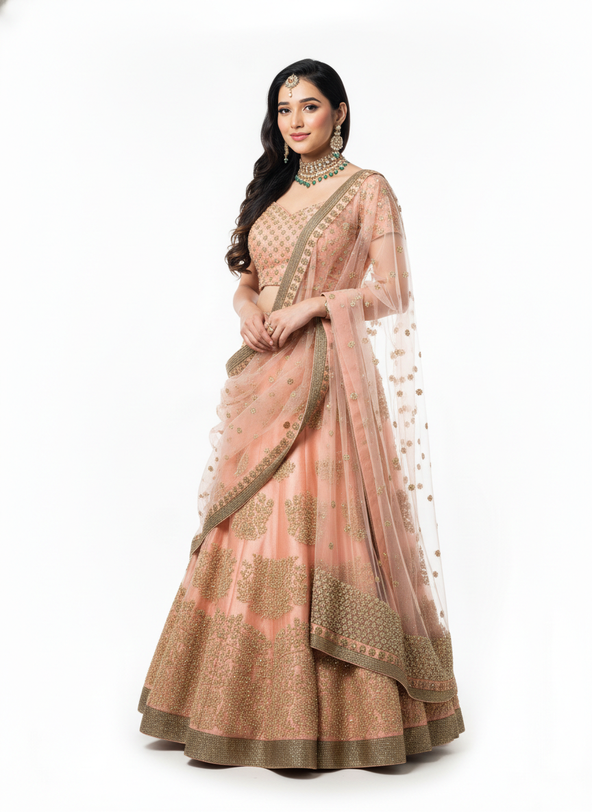 Peach Raw Silk Lehenga - Sunehri Gulnaar Collection