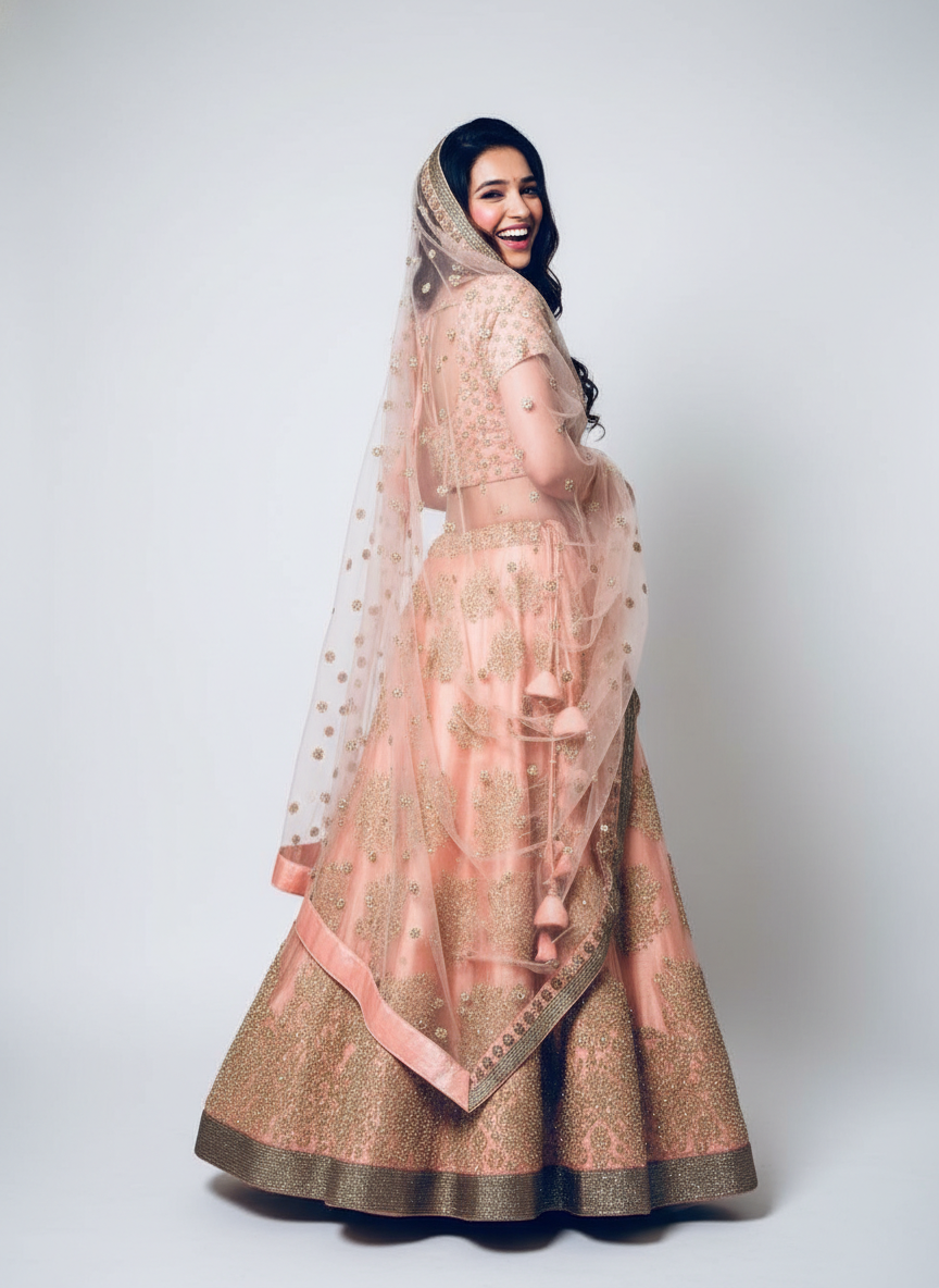 Peach Raw Silk Lehenga - Sunehri Gulnaar Collection