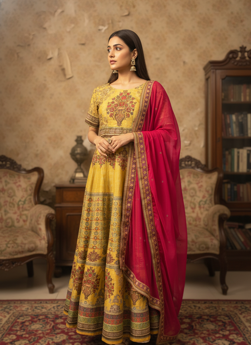 Mustard Yellow Printed Designer Anarkali with Pink Dupatta - Sunehri Gulbahaar