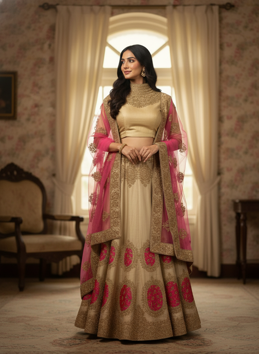 Gold & Pink Designer Lehenga with Zari Embroidery (Semi-Stitched) - Heritage Collection