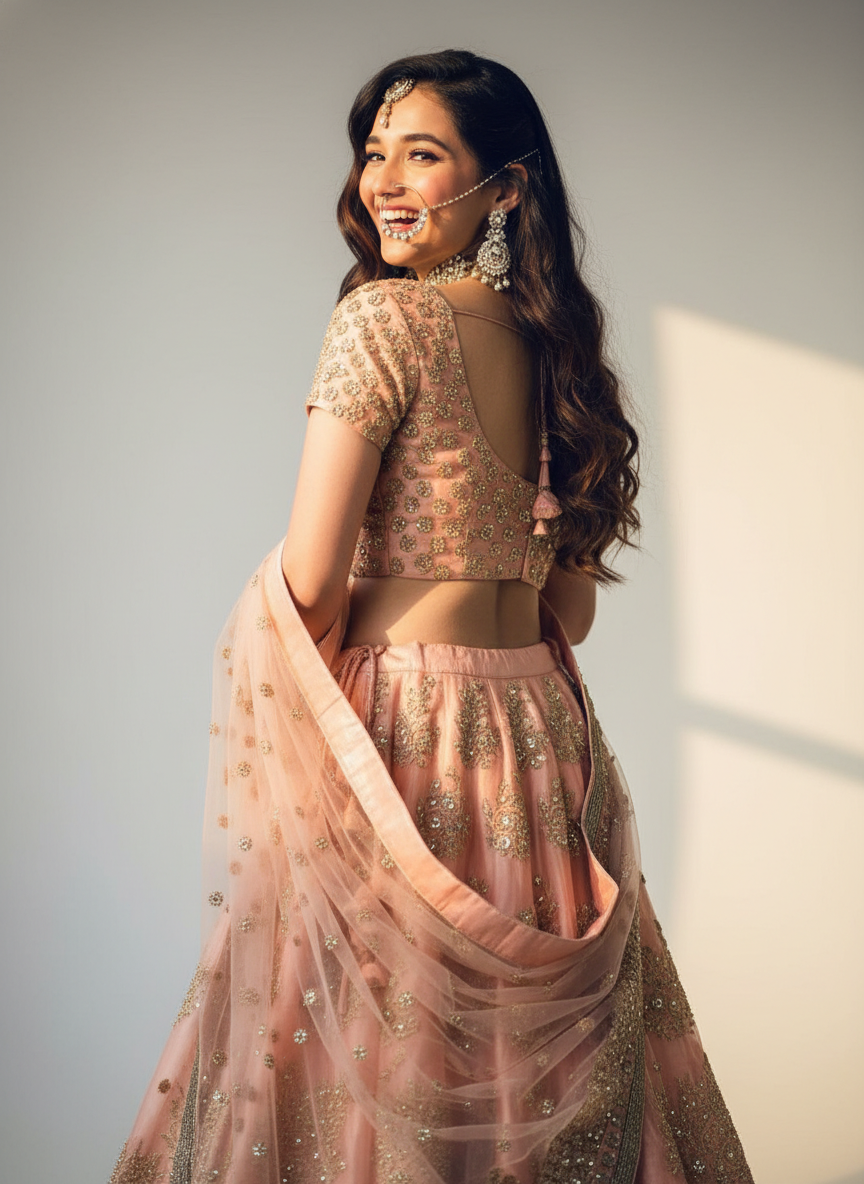 Peach Raw Silk Lehenga - Sunehri Gulnaar Collection