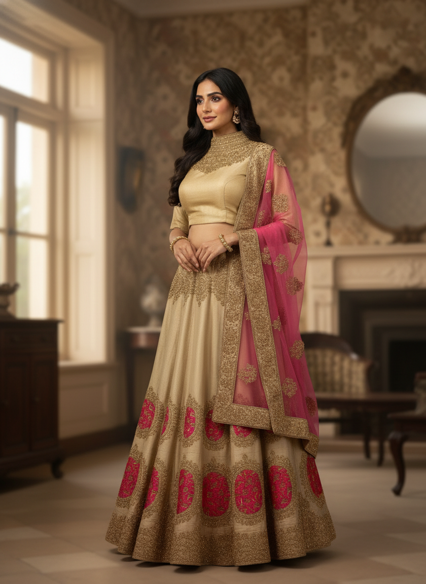 Gold & Pink Designer Lehenga with Zari Embroidery (Semi-Stitched) - Heritage Collection