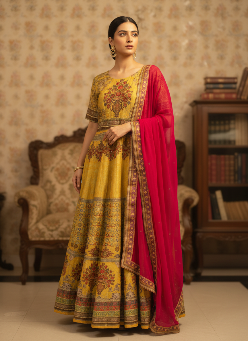 Mustard Yellow Printed Designer Anarkali with Pink Dupatta - Sunehri Gulbahaar
