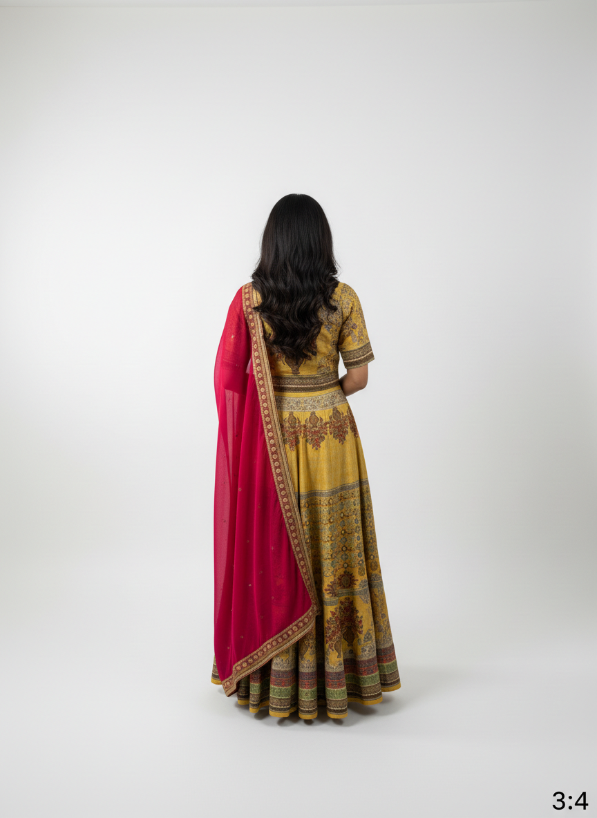 Mustard Yellow Printed Designer Anarkali with Pink Dupatta - Sunehri Gulbahaar