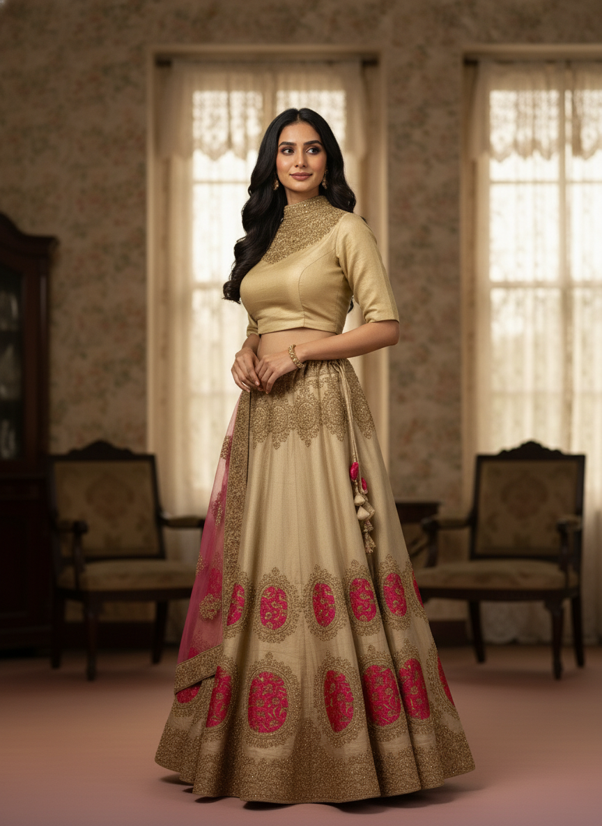 Gold & Pink Designer Lehenga with Zari Embroidery (Semi-Stitched) - Heritage Collection