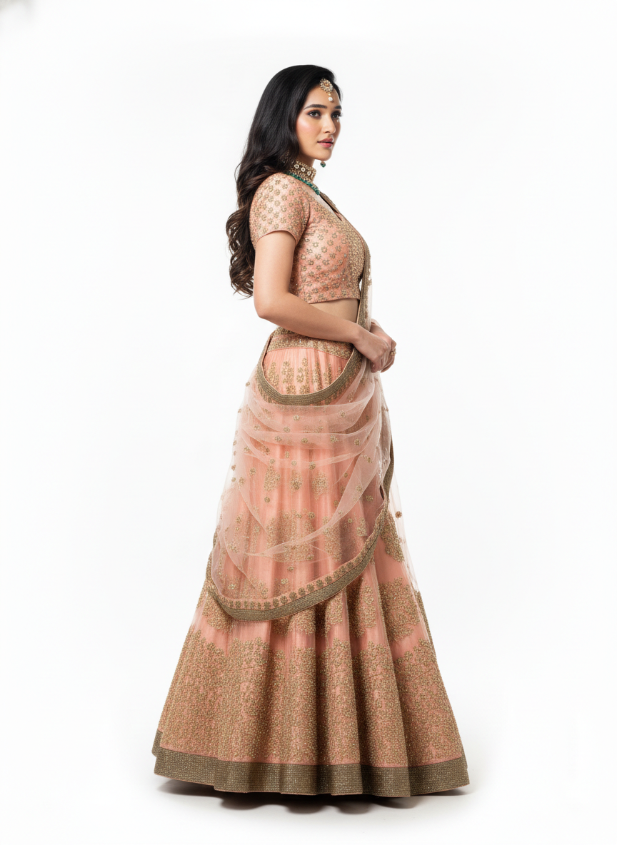 Peach Raw Silk Lehenga - Sunehri Gulnaar Collection