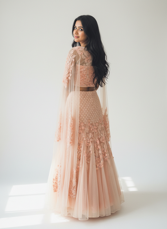 Blush Pink Designer Lehenga with Embroidered Choli & Sheer Cape Sleeves - Noor Collection