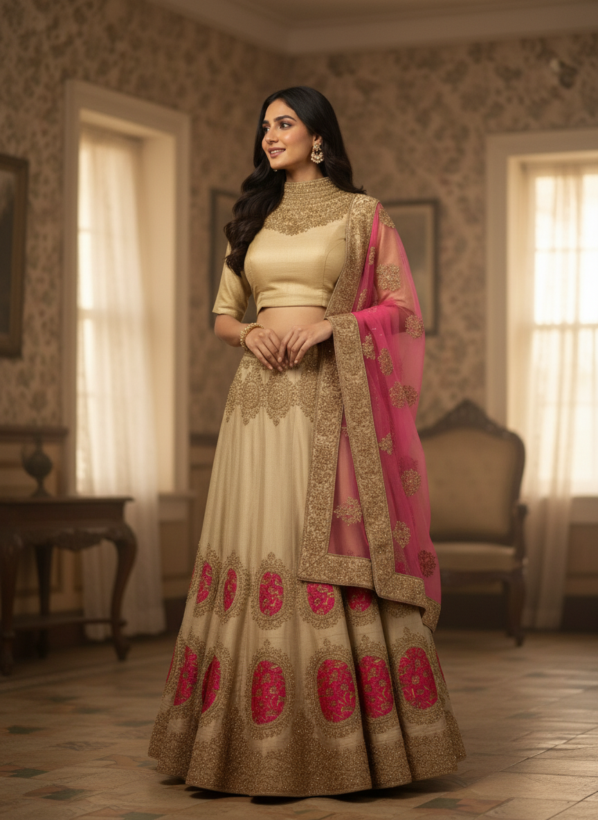 Gold & Pink Designer Lehenga with Zari Embroidery (Semi-Stitched) - Heritage Collection