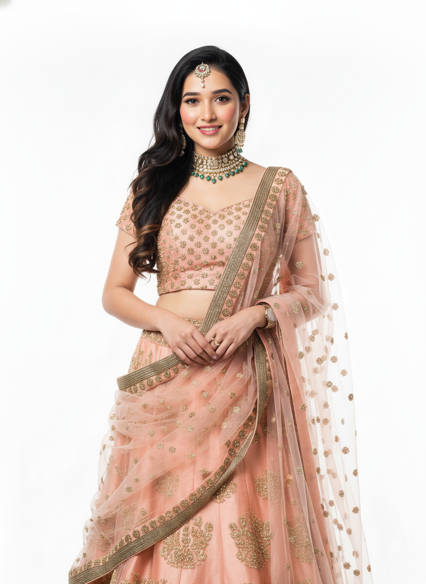 Peach Raw Silk Lehenga - Sunehri Gulnaar Collection