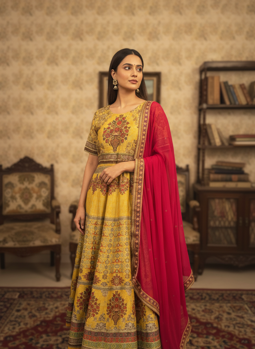 Mustard Yellow Printed Designer Anarkali with Pink Dupatta - Sunehri Gulbahaar