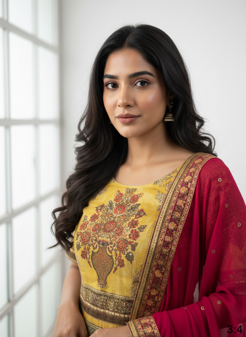 Mustard Yellow Printed Designer Anarkali with Pink Dupatta - Sunehri Gulbahaar