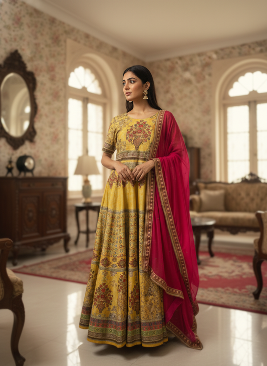 Mustard Yellow Printed Designer Anarkali with Pink Dupatta - Sunehri Gulbahaar